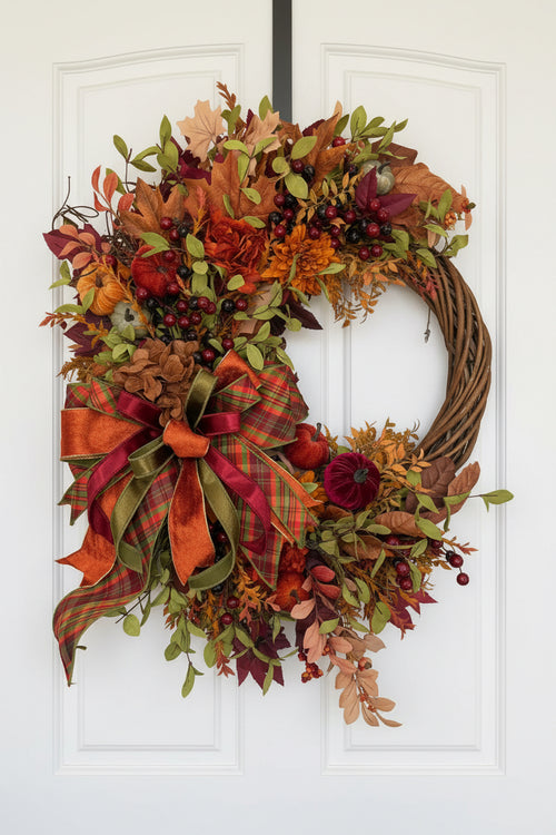 An autumn-themed grapevine wreath hanging on a white paneled door. The wreath features a brown woven grapevine base decorated with faux fall leaves in shades of orange, red, brown, and beige, green foliage, small pumpkins, dark berries, and a large plaid and velvet ribbon bow in orange, burgundy, and green.