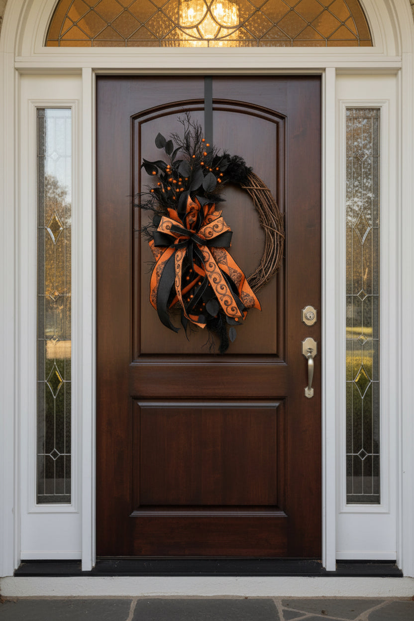 Halloween Grapevine Wreath with Black and Orange Designer Bow