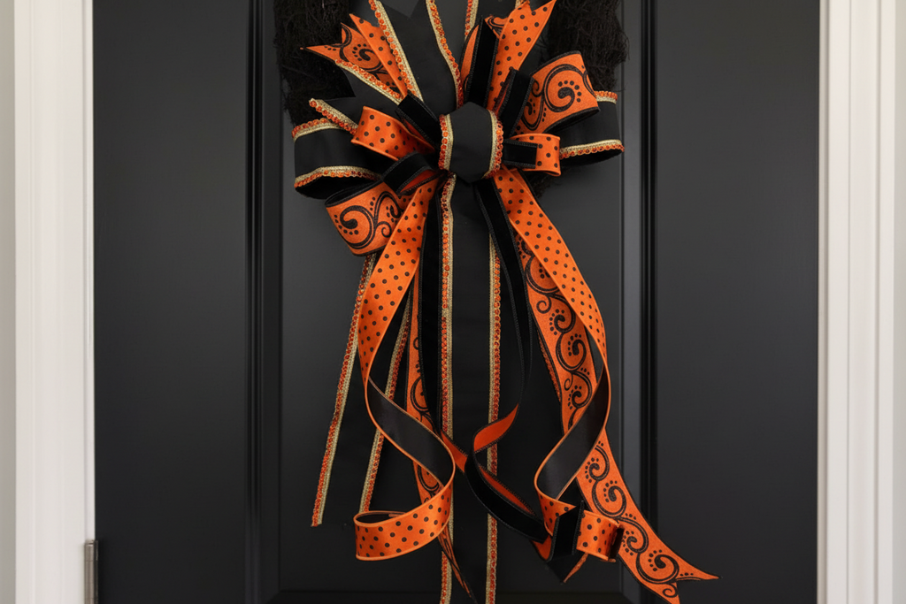 Halloween Black Wreath Set with Orange & Black Ribbon Bows – Set of 2