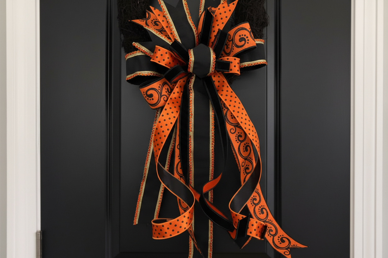 Halloween Black Wreath Set with Orange & Black Ribbon Bows – Set of 2