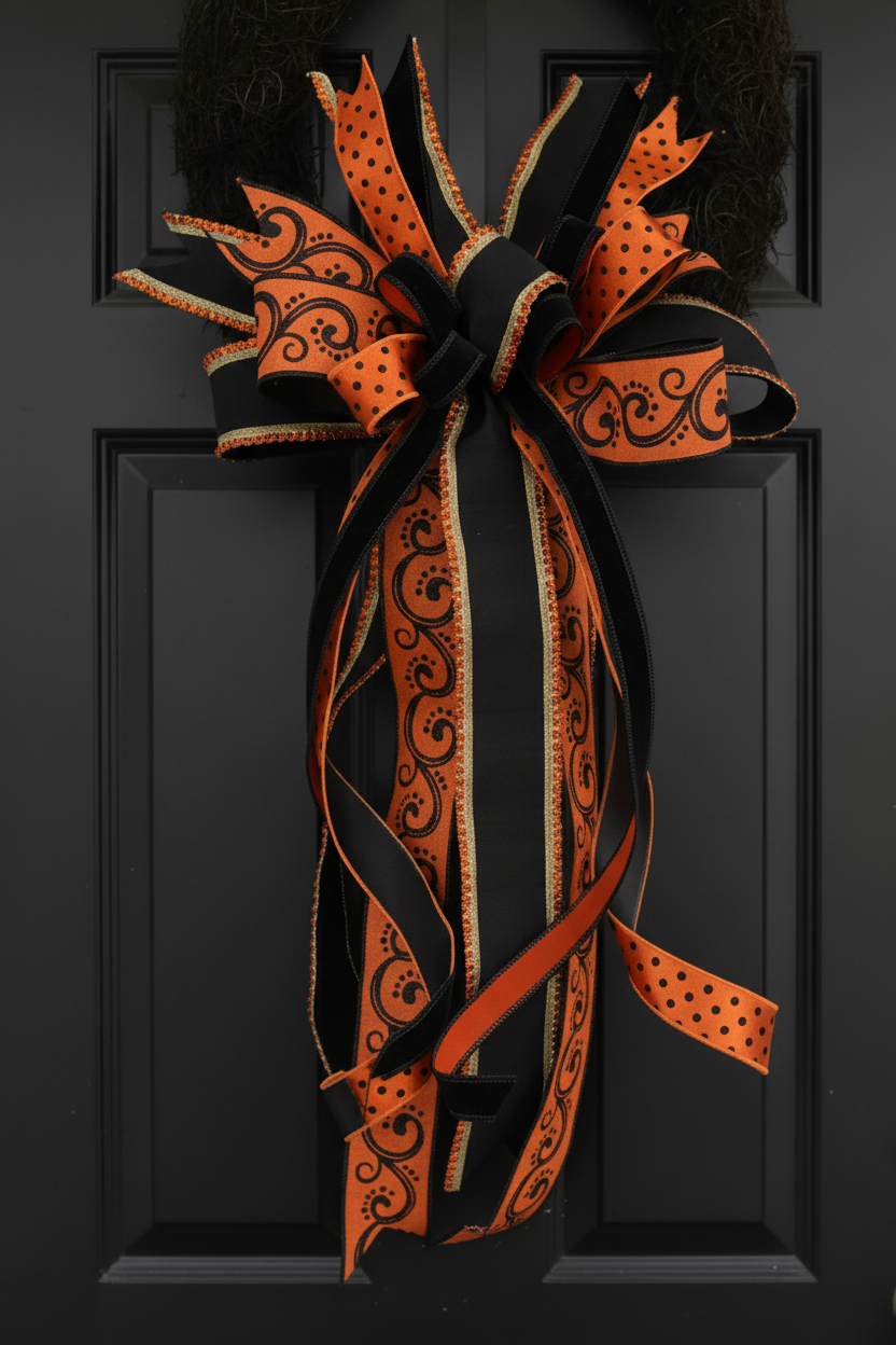 Halloween Black Wreath Set with Orange & Black Ribbon Bows – Set of 2